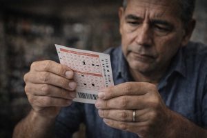 Persona observando el reverso de un boleto de Loto Cash con expresión pensativa en Puerto Rico.