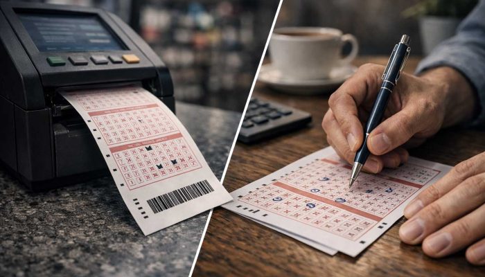 Máquina imprimiendo boleto automático de Loto Cash junto a persona marcando números manualmente en Puerto Rico.